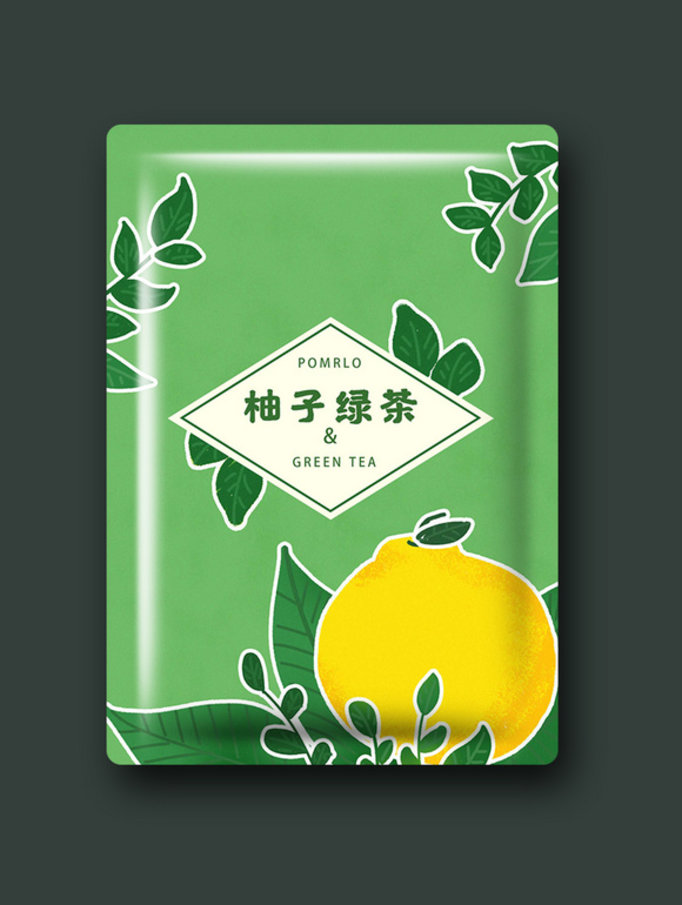 手绘描边小清新柚子绿茶插画包装