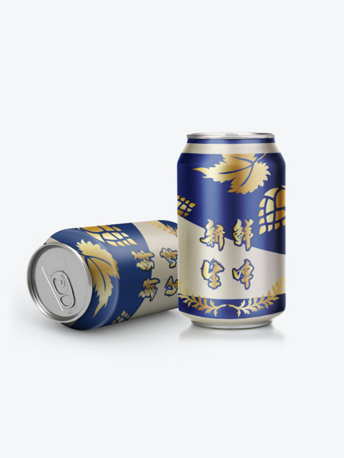 精酿啤酒蓝色包装设计生金色麦穗与啤酒花